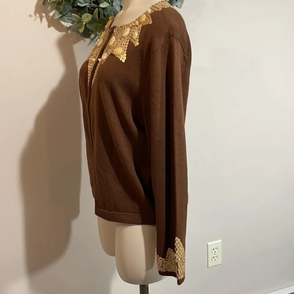 NWT Tasha Polizzi Brown Zip Front Cardigan Gold Sequin Stone Bead Detail… - Picture 8 of 16
